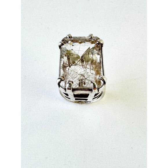 Rutile Quartz Crystal Faceted Hammered Heavy Sterling 925 Silver Ring - Picture 7 of 8